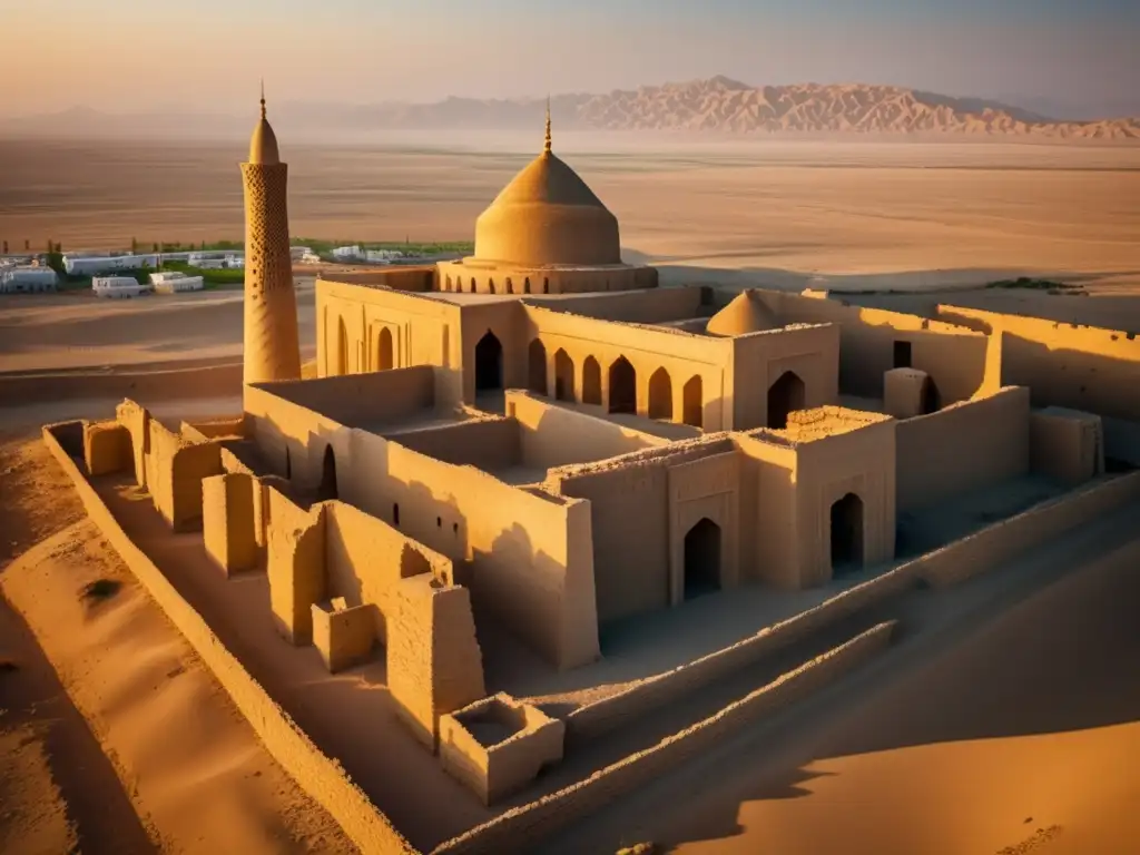 Vista aérea de la ciudad fantasma Merv, Turkmenistán, entre las ruinas antiguas al atardecer, evocando belleza desolada.