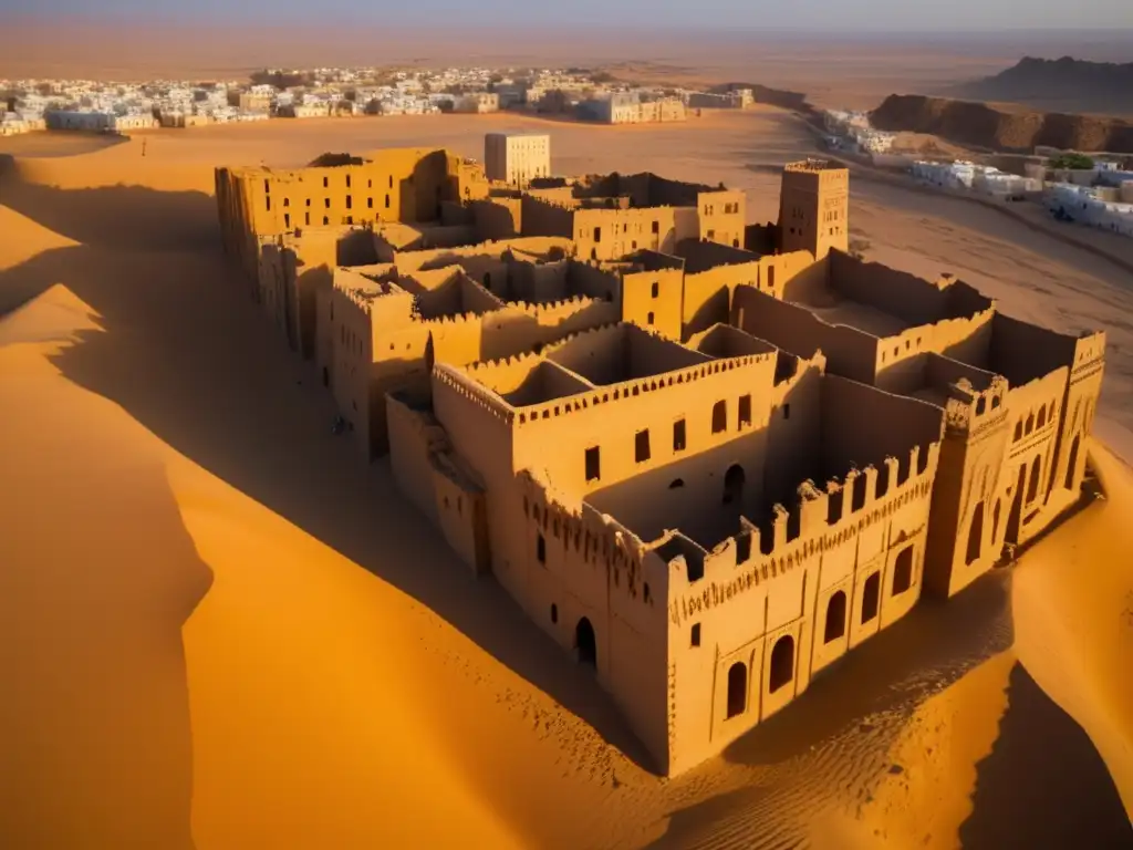 Vista aérea de la ciudad fantasma Shibam Yemen, con torres de barro que se yerguen en el desierto al atardecer.