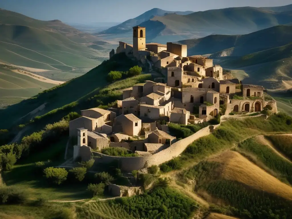 Vista aérea de Craco, un pueblo medieval italiano abandonado. Calles estrechas, edificios en ruinas y una atmósfera misteriosa.