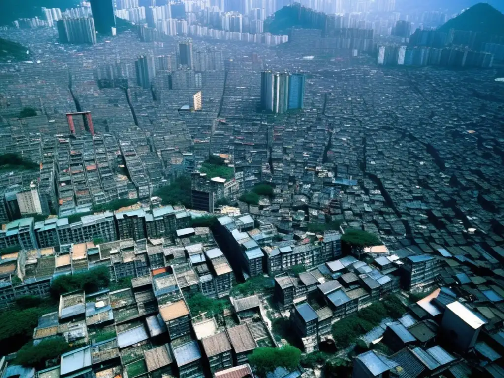 Vista aérea de la densa ciudad anárquica de Kowloon, capturando su caótica y vibrante atmósfera urbana.