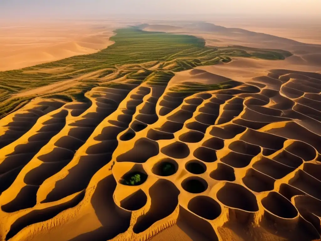 Vista aérea del desierto de Turpan, China, con el misterio de los túneles subterráneos Karez iluminados por el cálido sol.