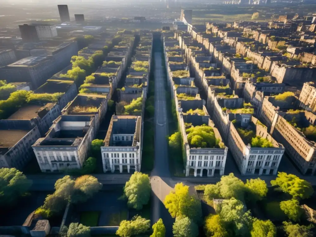 Una vista aérea detallada de una ciudad abandonada, con edificios en ruinas, calles cubiertas de maleza y una atmósfera inquietante. La luz del sol proyecta largas sombras sobre las estructuras, destacando la desolación y el abandono del área urbana. Los techos