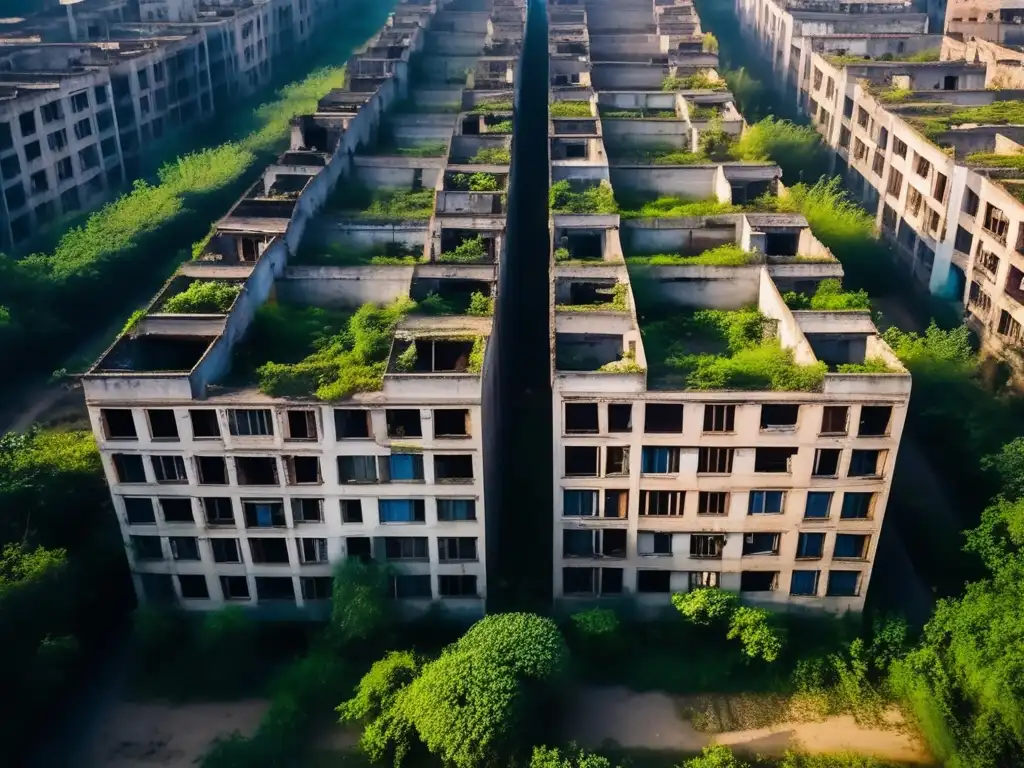 Vista aérea del distrito fantasma Yingkou, China: calles invadidas por la maleza, estructuras en ruinas y una atmósfera evocadora de desolación.