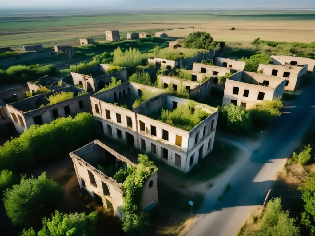 Una vista aérea de Agdam, ciudad fantasma de Nagorno-Karabaj, con edificios abandonados y cubiertos por la naturaleza.