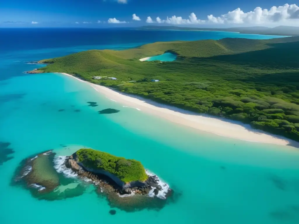 Una vista aérea de la hermosa costa de la Isla de Vieques en Puerto Rico, con aguas turquesas cristalinas y playas de arena dorada. La exuberante vegetación contrasta con restos históricos, evocando la historia de la Isla Vieques Puerto Rico.