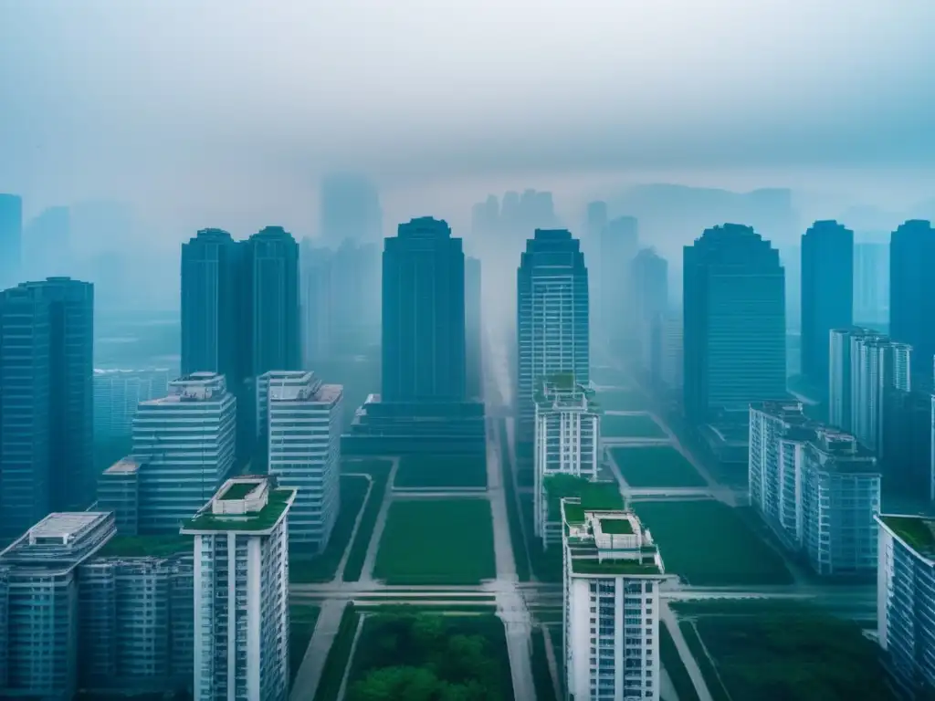 Una vista aérea impresionantemente hermosa del distrito de negocios Kangbashi abandonado en China, con rascacielos vacíos envueltos en niebla, una representación de la naturaleza reclamando el paisaje urbano.