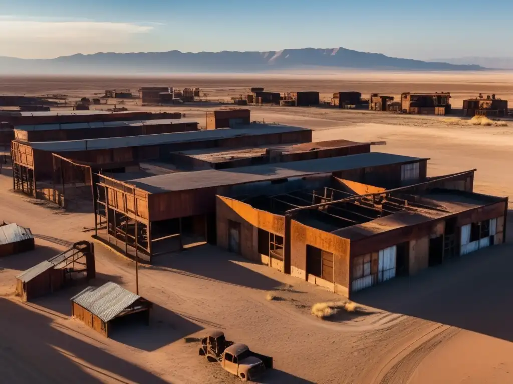 Vista aérea impactante de la ciudad abandonada de Humberstone en Chile, donde la historia se entrelaza con la desolación del paisaje desértico.