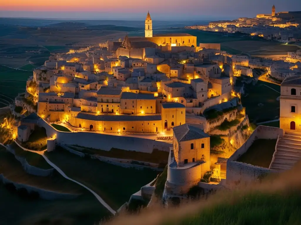 Una vista aérea impresionante de la antigua ciudad de Matera, con sus singulares viviendas en cuevas talladas en los acantilados, contrastando con el paisaje urbano moderno. La cálida luz del atardecer baña los edificios históricos en un resplandor dorado, cre