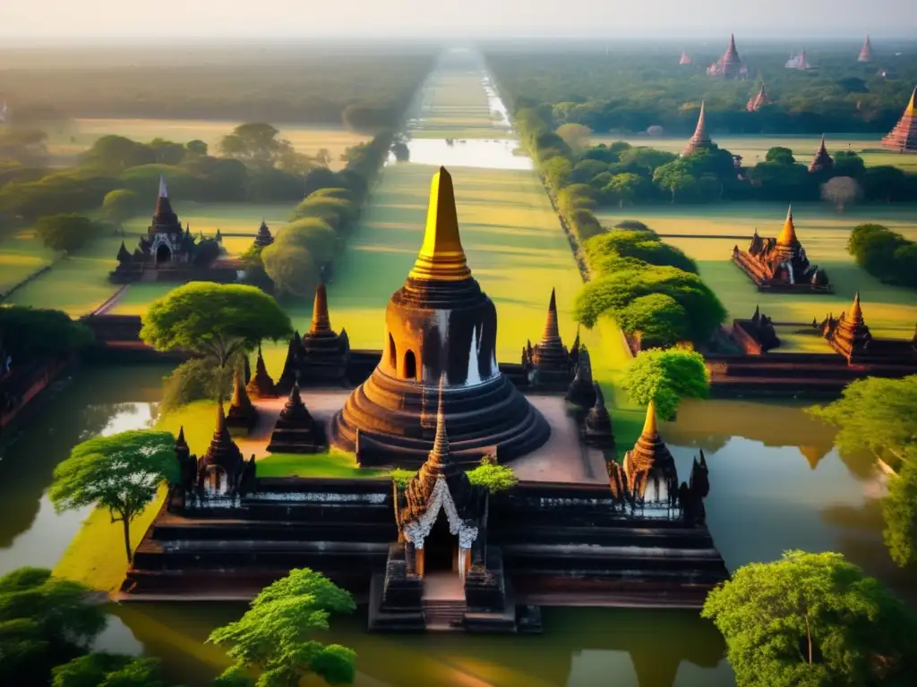 Vista aérea impresionante de la antigua capital tailandesa perdida en el tiempo, Ayutthaya, con ruinas magníficas y exuberante vegetación.