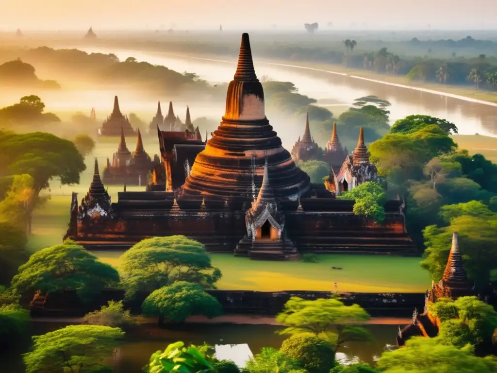 Vista aérea impresionante de las antiguas ruinas de Ayutthaya, capital tailandesa perdida en el tiempo, con templos de piedra, pagodas y exuberante vegetación. <b>La suave luz matutina crea una escena cautivadora.