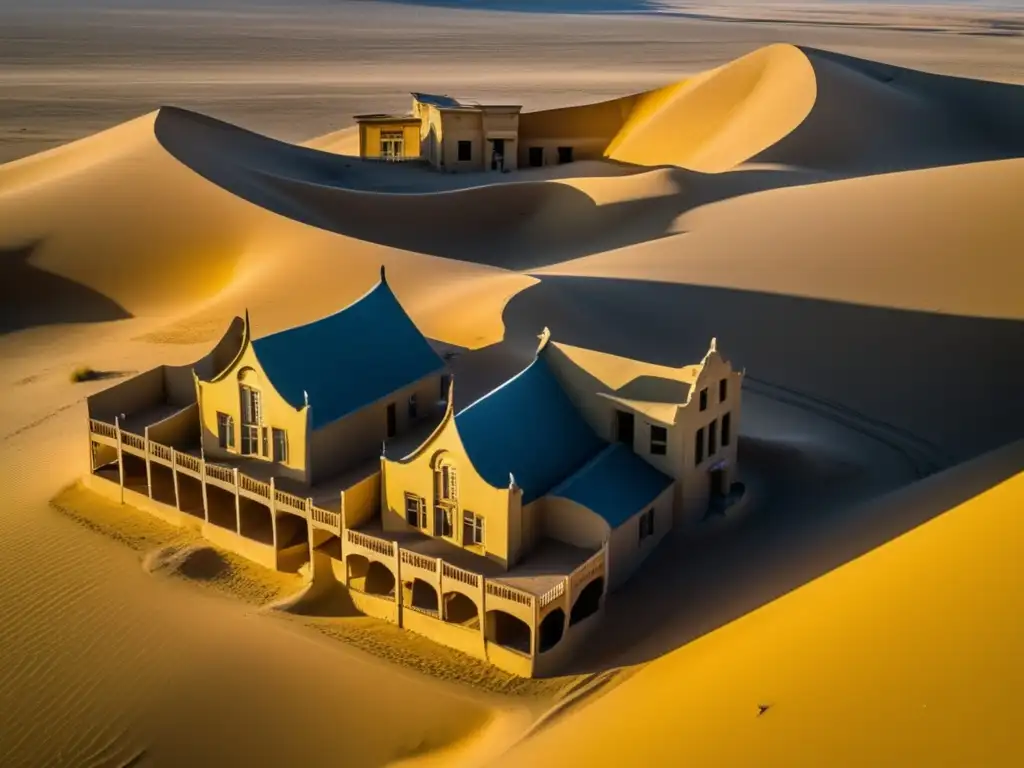 Vista aérea impresionante de la arquitectura Kolmanskop Namibia, con edificios abandonados y arena en el desierto de Namib.