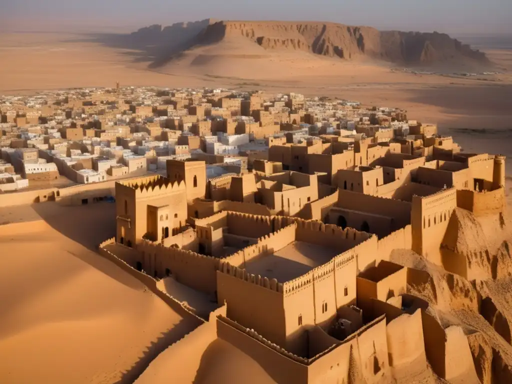 Vista aérea impresionante de la ciudad fantasma Shibam Yemen, con sus torres de barro destacando en el paisaje desértico al atardecer.