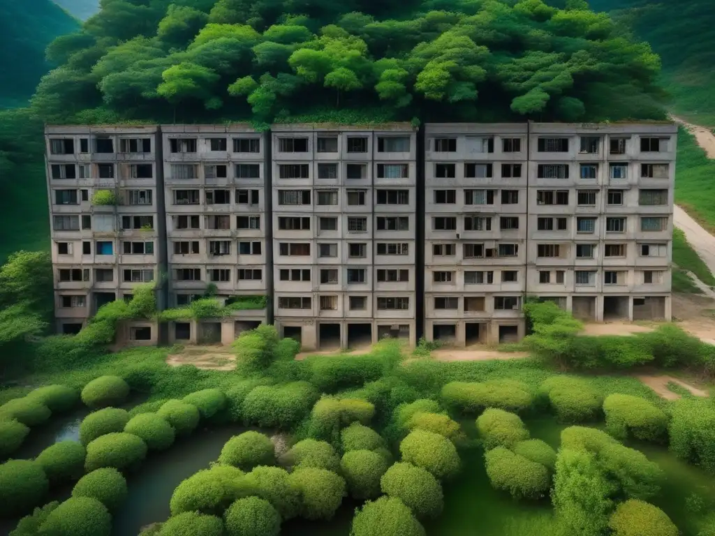 Una vista aérea impresionante de la ciudad fantasma Kijongdong en Corea del Norte, con su paisaje desolado y misterioso.