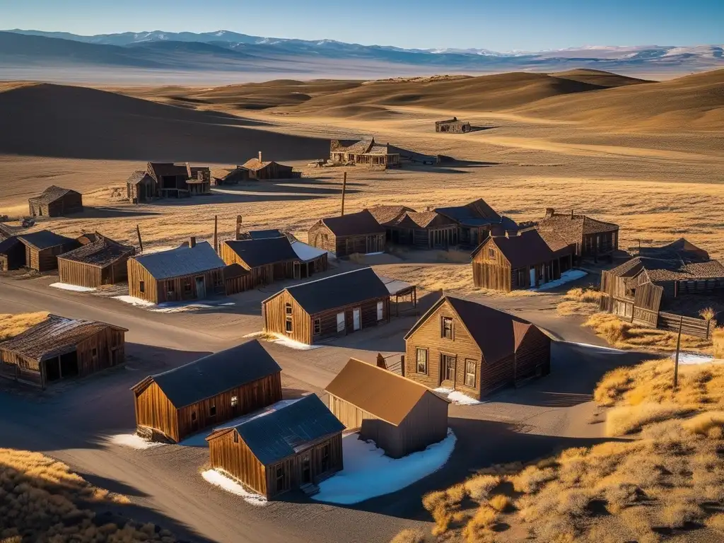 Una vista aérea impresionante de la ciudad abandonada de Bodie, California, con edificios en ruinas y calles polvorientas en un paisaje desértico. <b>La luz dorada proyecta largas sombras sobre la ciudad fantasma, resaltando su belleza inquietante.</b> La imagen captura el contraste