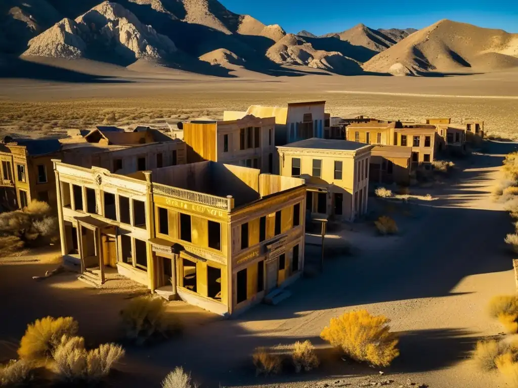 Vista aérea impresionante de la ciudad fantasma de Rhyolite, Nevada. <b>Edificios en ruinas contrastan con el desierto.