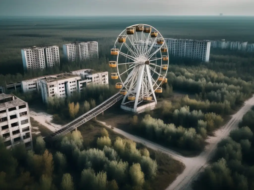 Una vista aérea impresionante de la ciudad abandonada de Pripyat, con la icónica noria destacando entre los edificios cubiertos de maleza y estructuras metálicas retorcidas. La paleta de colores apagados y la atmósfera desolada capturan perfectamente la belleza inquietante