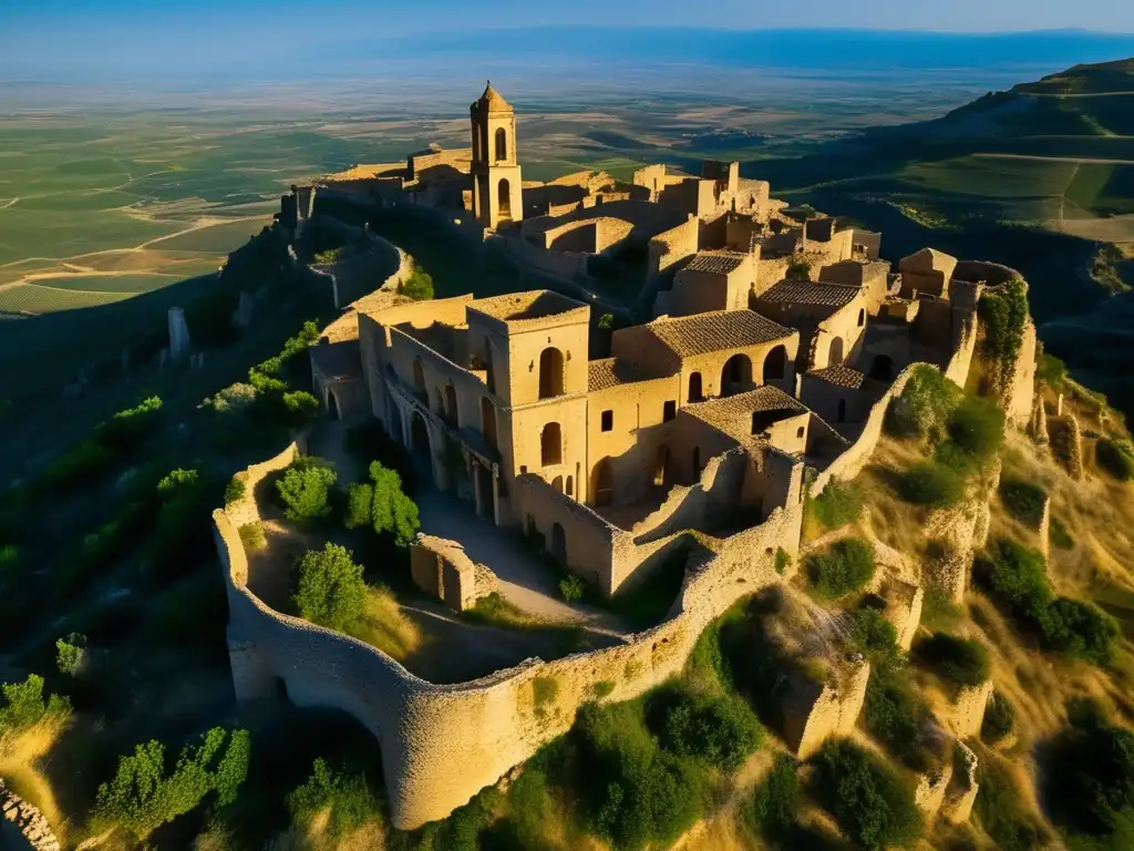 Vista aérea impresionante de Craco, Italia, ciudad fantasma con edificios en ruinas y calles empedradas. La luz del sol crea sombras largas sobre la ciudad desierta, destacando su belleza decadente y misteriosa historia.