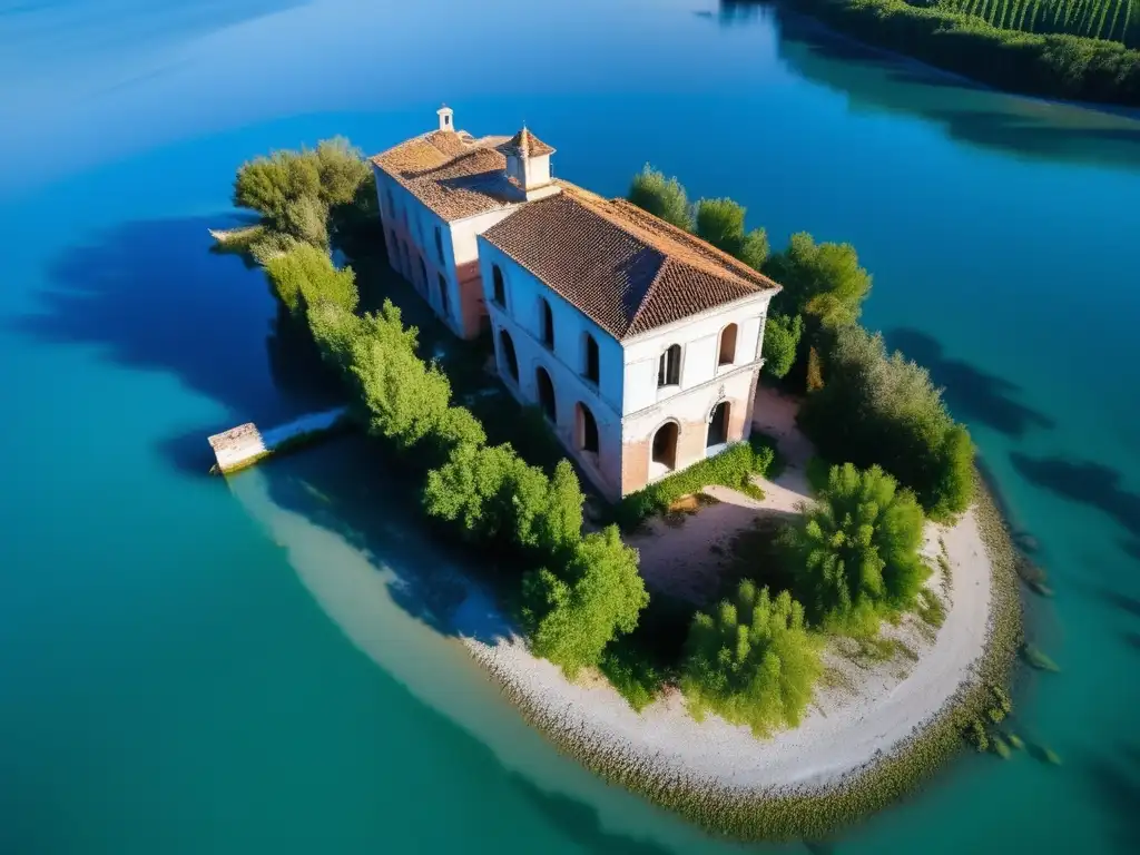 Vista aérea impresionante de edificios abandonados en la Isla de Poveglia, rodeados de vegetación exuberante y las aguas azules de la Laguna de Venecia. El sol proyecta largas sombras sobre la arquitectura en ruinas, resaltando la belleza inquietante