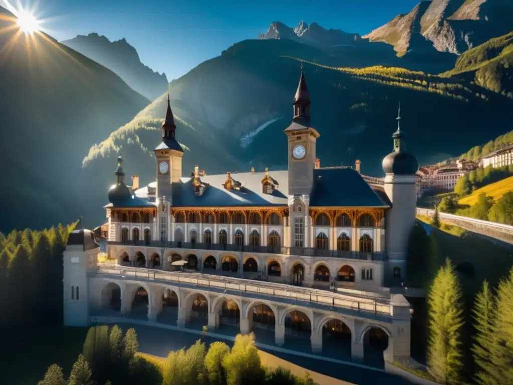 Vista aérea impresionante de la Estación de Canfranc en España, con la majestuosidad de la arquitectura histórica contra el telón de fondo de los escénicos Pirineos. El sol arroja una cálida luz sobre los detalles intrincados del edificio, resaltando su belleza at