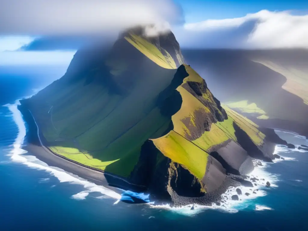 Vista aérea impresionante de la Isla de Tristán da Cunha, con sus acantilados imponentes y la resistencia de la naturaleza.