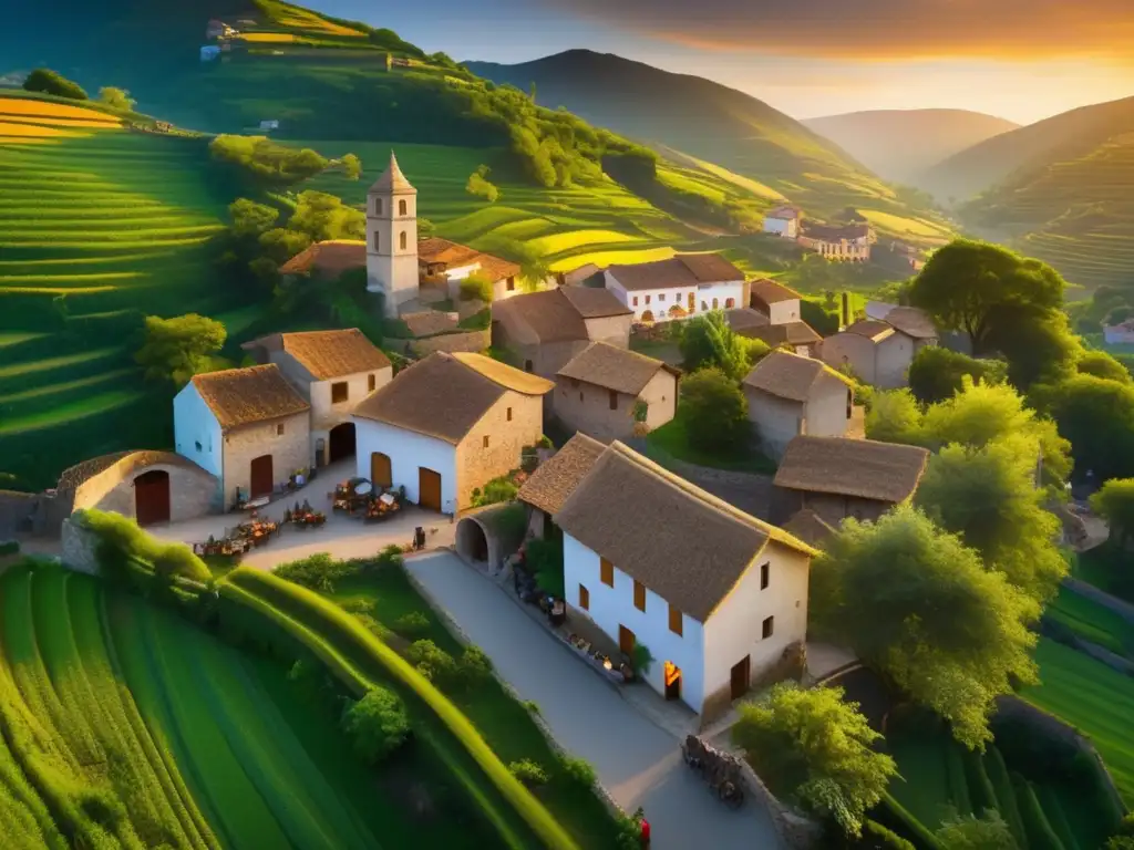 Una vista aérea impresionante de un pueblo restaurado, con el cálido resplandor del sol poniente iluminando sus calles y edificios tradicionales. Los habitantes se ocupan en sus quehaceres diarios, mostrando el impacto positivo de la restauración en la esencia del pueblo olvidado