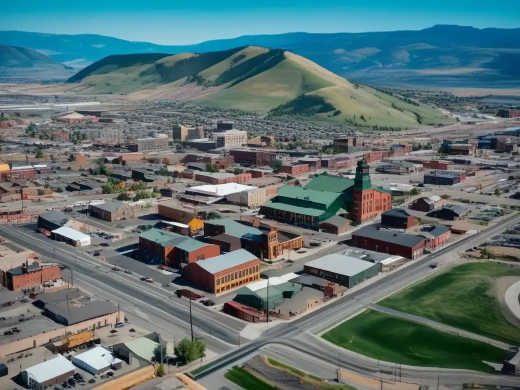 Vista aérea impresionante de la revitalización de Butte, Montana, con estructuras mineras históricas y desarrollos modernos. <b>Una ciudad vibrante con calles bulliciosas, espacios verdes y montañas pintorescas al fondo.</b> La imagen muestra la transformación de Butte, resaltando la combinación