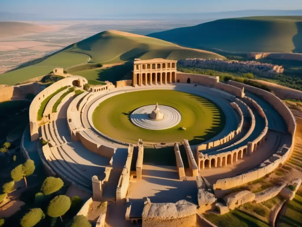 Vista aérea impresionante de las Ruinas romanas de Djémila en Argelia. <b>Bañadas por cálida luz dorada, evocando atmósfera serena y atemporal.