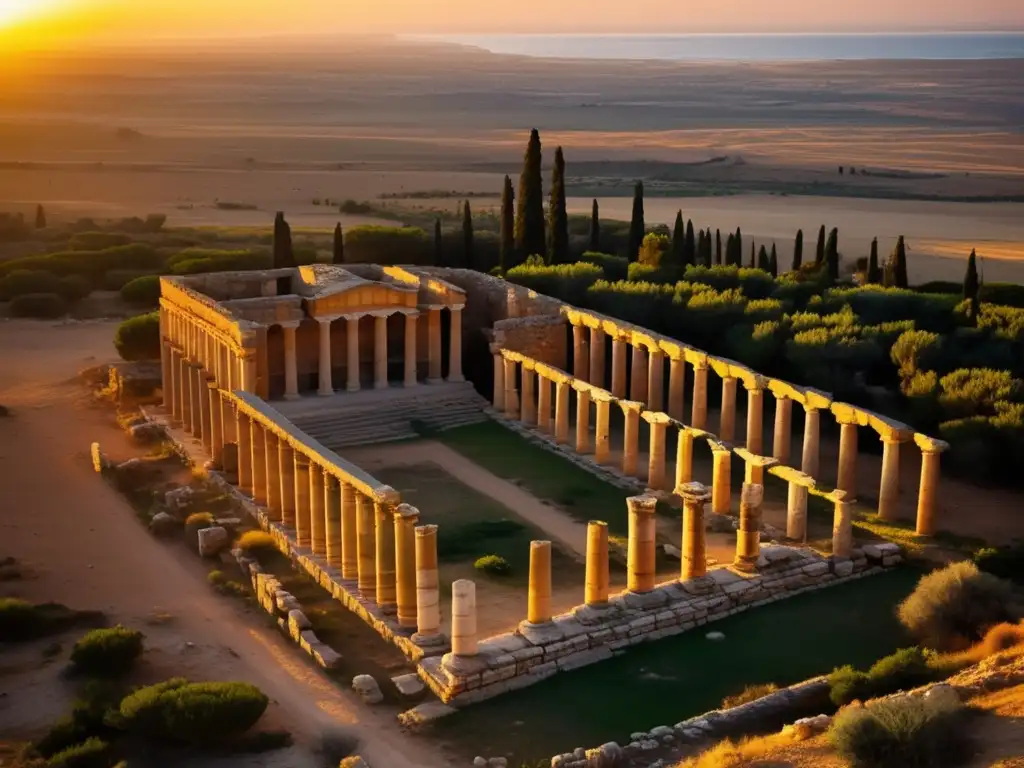 Vista aérea impresionante de las ruinas antiguas de Cyrene en Libia. <b>La luz dorada resalta la ciudad perdida Cyrene Libia.