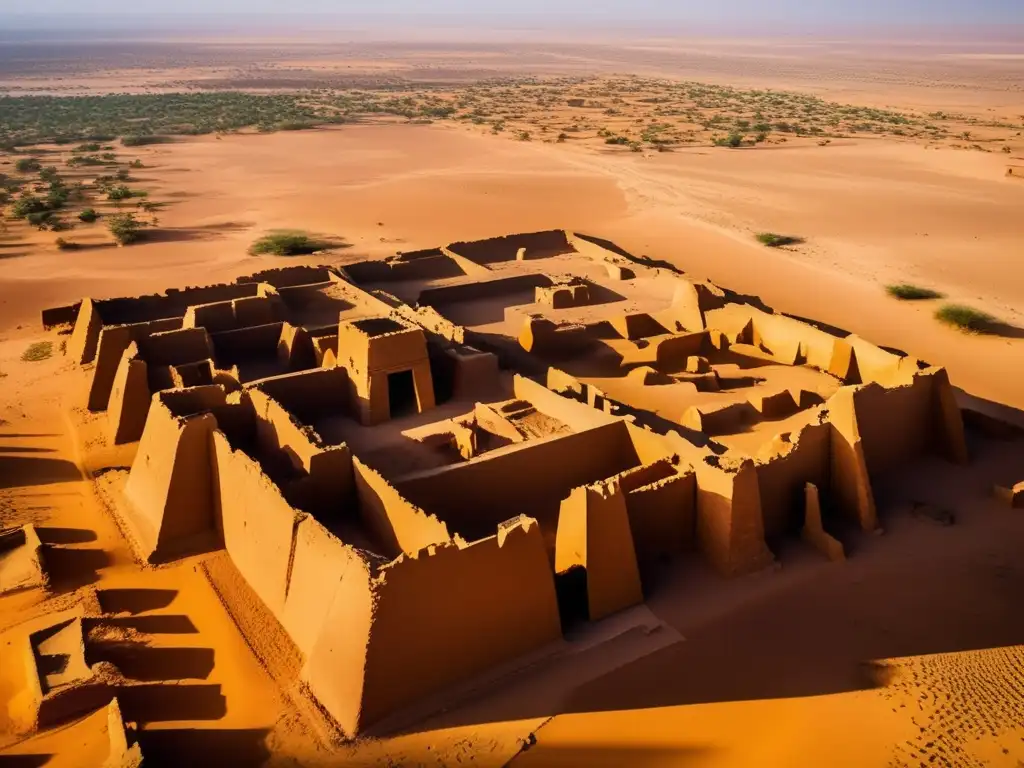 Vista aérea impresionante de las ruinas de Meroë, Sudán, exponiendo la majestuosidad de la ciudad antigua y sus pirámides. <b>Exploración ciudad fantasma Meroë Sudán.