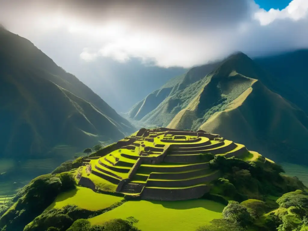 Vista aérea impresionante de las ruinas de Vilcabamba ciudad perdida Incas, rodeada de exuberantes montañas verdes y envuelta en la neblina. <b>El sol irradia una cálida luz sobre las ruinas, creando una escena cautivadora y envolvente.