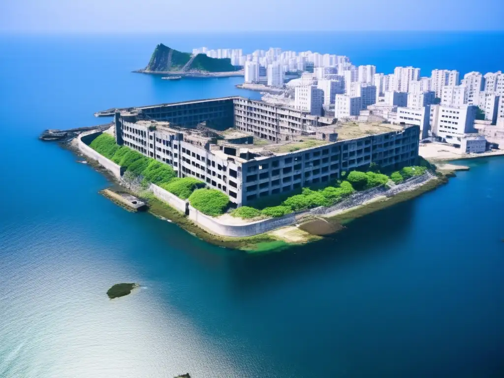 Vista aérea de la isla abandonada Hashima, Japón, con edificios en ruinas rodeados por el mar, transmitiendo una atmósfera desoladora y misteriosa.