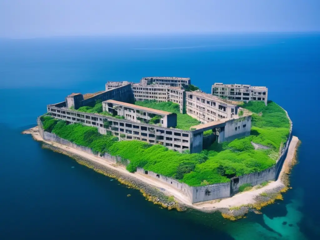 Vista aérea de la isla fantasma Hashima, con edificios en ruinas y vegetación. Evoca la desolación y la historia de la isla.