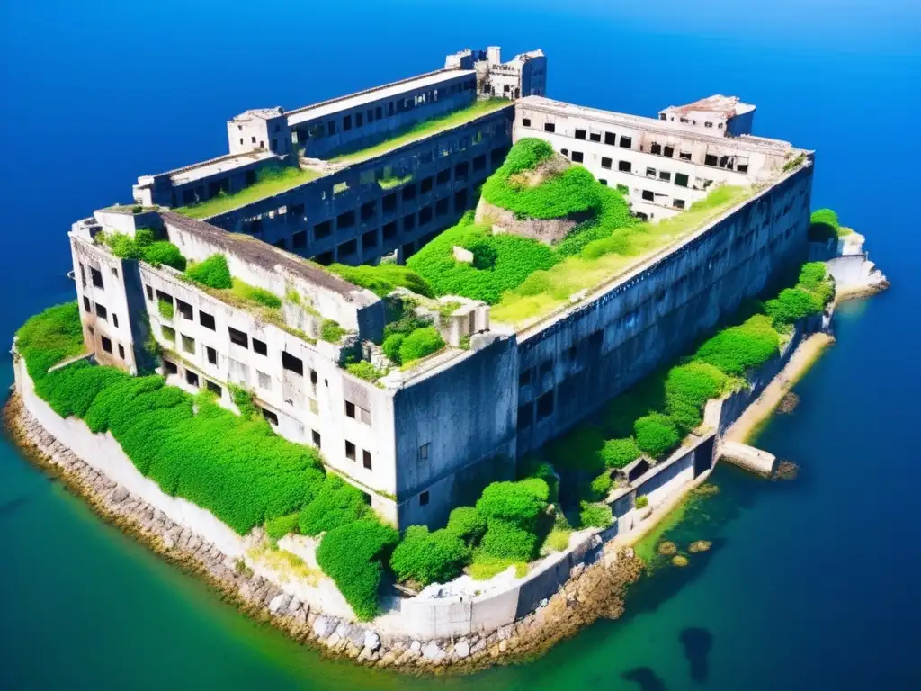 Vista aérea de la isla fantasma Hashima, con edificios abandonados y cubiertos de vegetación, evocando su misteriosa historia.