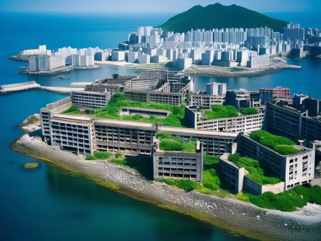 Vista aérea de la Isla fantasma de Japón Hashima, mostrando los edificios abandonados y el paisaje desolado de la antigua ciudad minera de carbón.