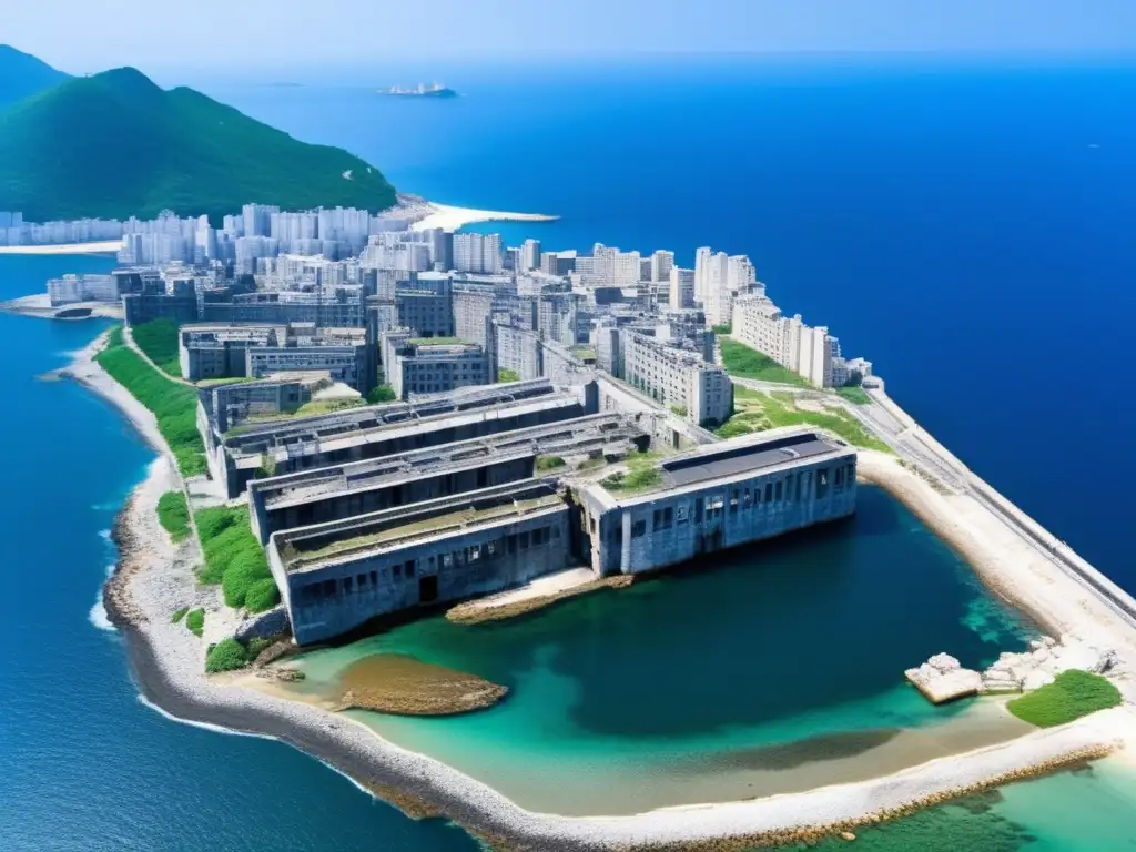 Vista aérea de la isla minera de Hashima, mostrando estructuras industriales abandonadas en contraste con el mar. <b>Patrimonio cultural.