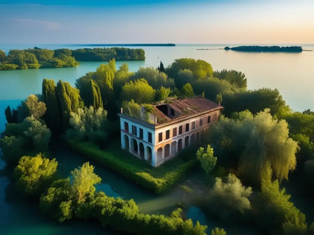 Vista aérea de la isla Poveglia abandonada, con edificios en ruinas y vegetación exuberante, evocando la misteriosa historia de la isla.