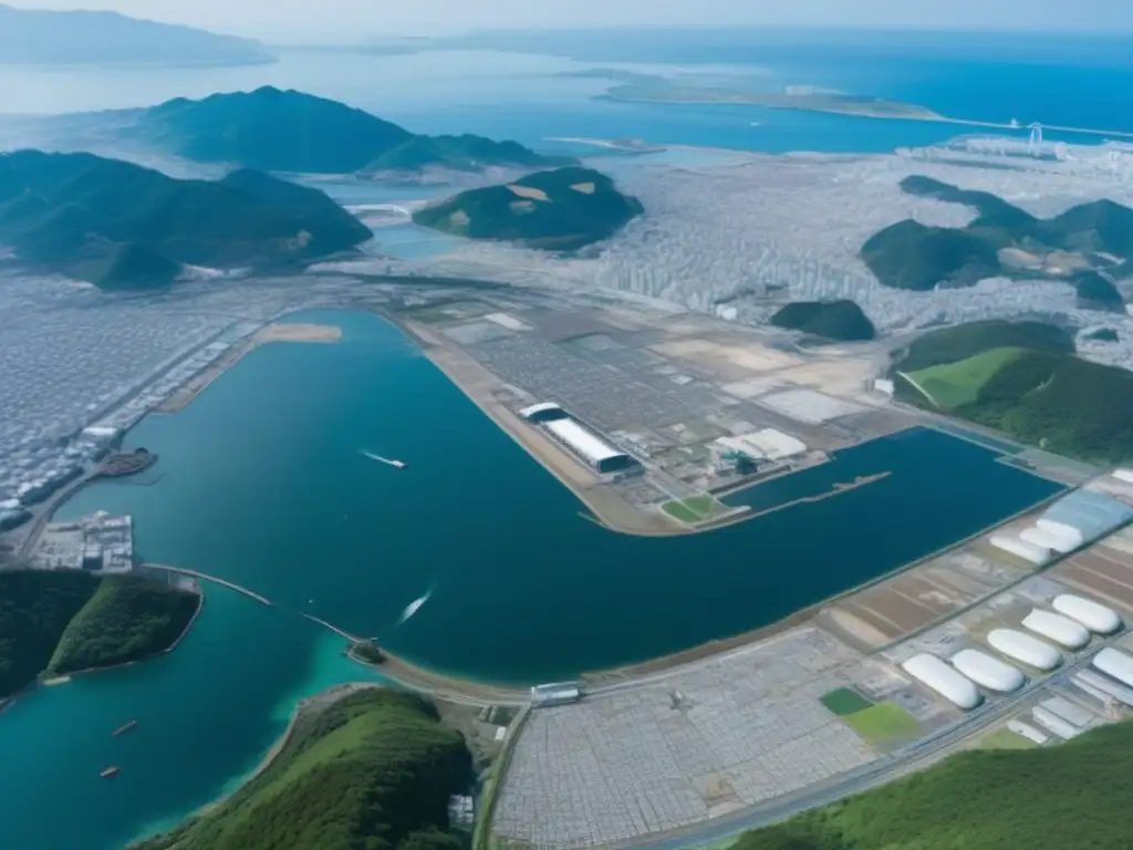 Vista aérea de Minamata, Japón. <b>Contraste entre lo industrial y lo natural.</b> <b>Impacto de la contaminación en la enfermedad invisible.