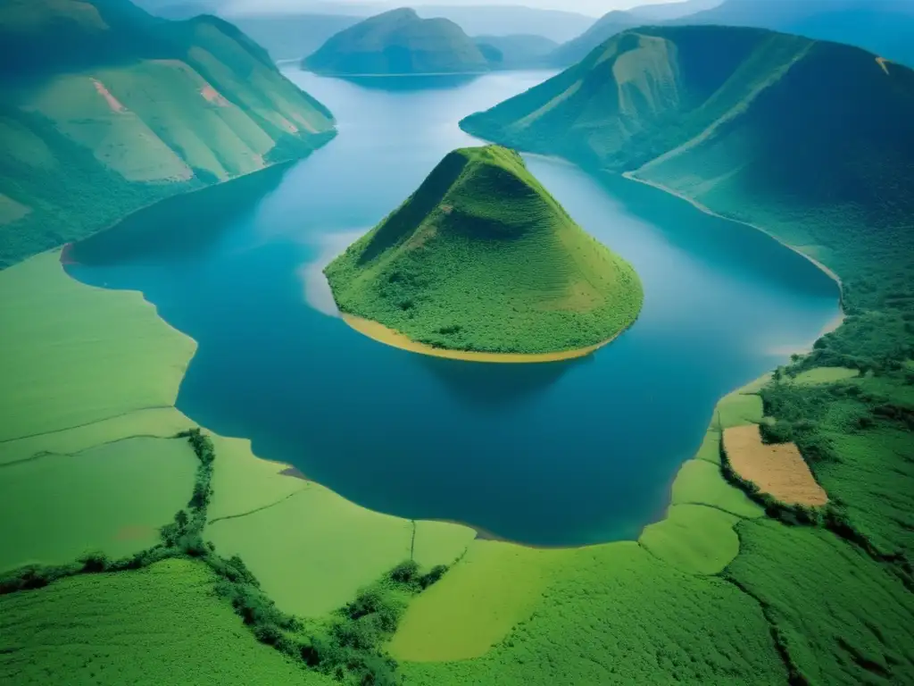 Vista aérea del Lago Nyos, con aguas azules tranquilas y paisaje verde. <b>Refleja serenidad y la tragedia del Lago Nyos.