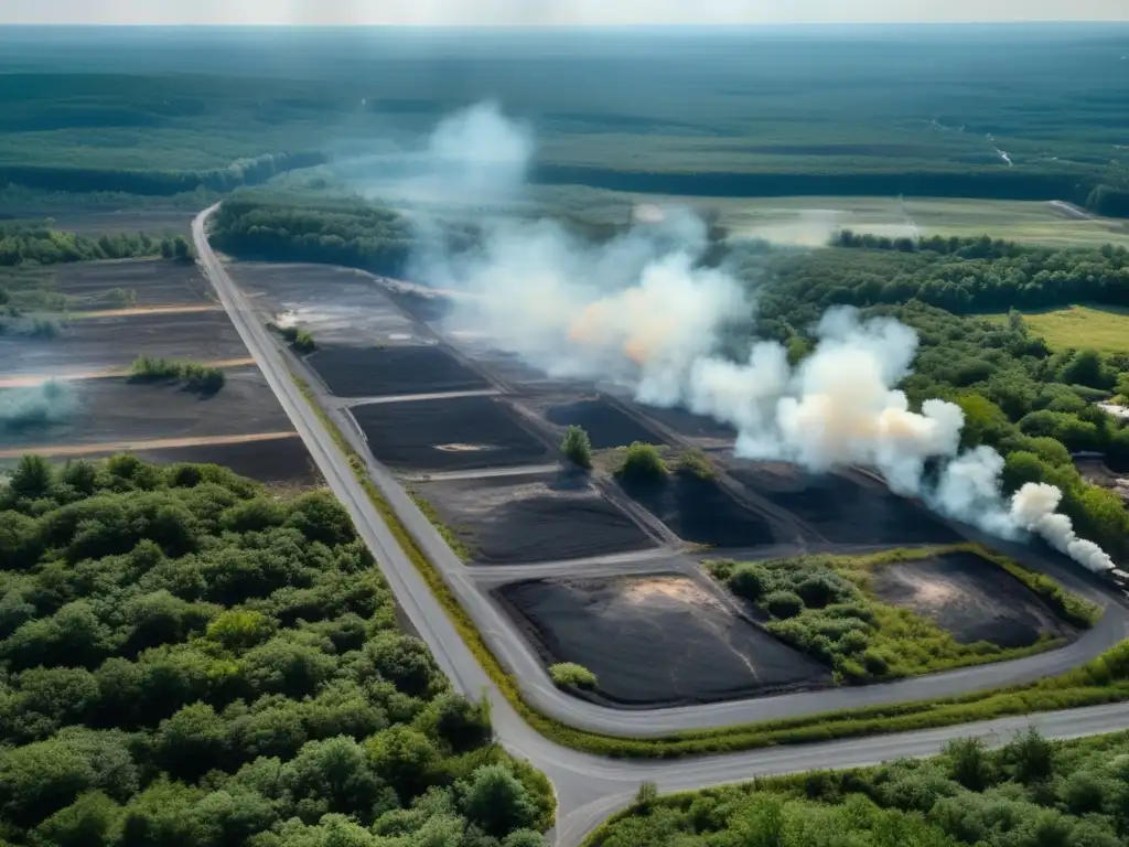 Vista aérea de Centralia, ciudad fantasma en llamas. Calles vacías, vegetación y humo tóxico crean un paisaje desolador.