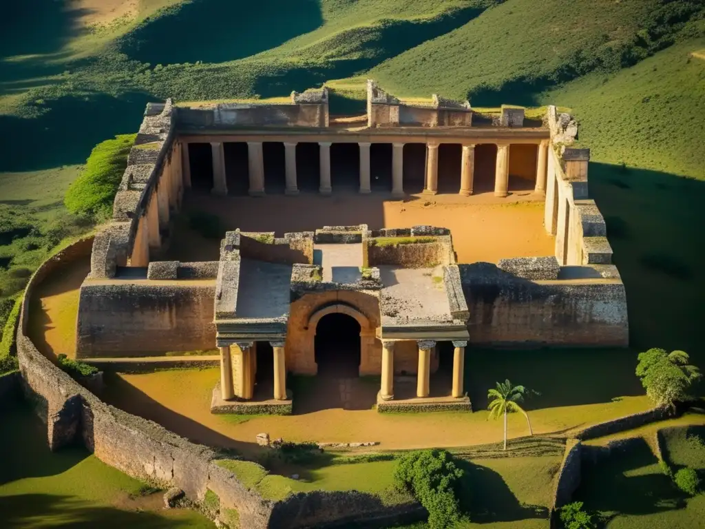 Vista aérea de las majestuosas ruinas de Coro, Venezuela, con sus estructuras antiguas rodeadas de paisajes naturales. <b>Las sombras largas y los colores vibrantes crean una escena impresionante.</b> <b>Ruinas de Coro puerto Venezuela.