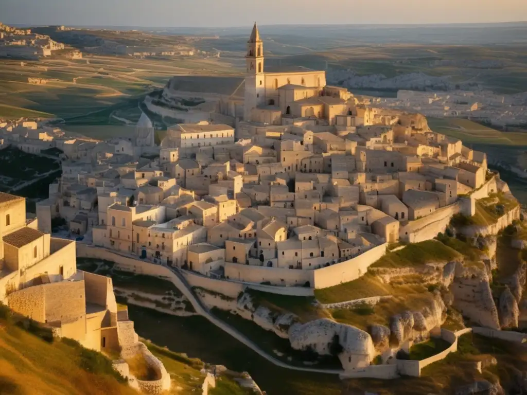 Vista aérea de Matera, Italia, con sus Sassi di Matera y la transformación de Matera a lo largo de la historia.