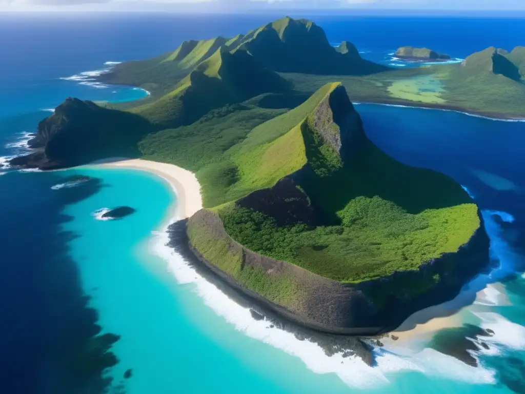 Vista aérea de la misteriosa Isla Clipperton abandonada en México, con su costa escarpada y aguas turquesas.