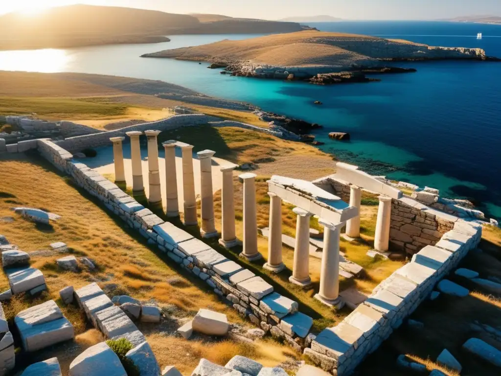 Vista aérea de los misteriosos restos en la Isla Delos, Grecia. <b>La luz dorada resalta las antiguas ruinas y el mar turquesa.