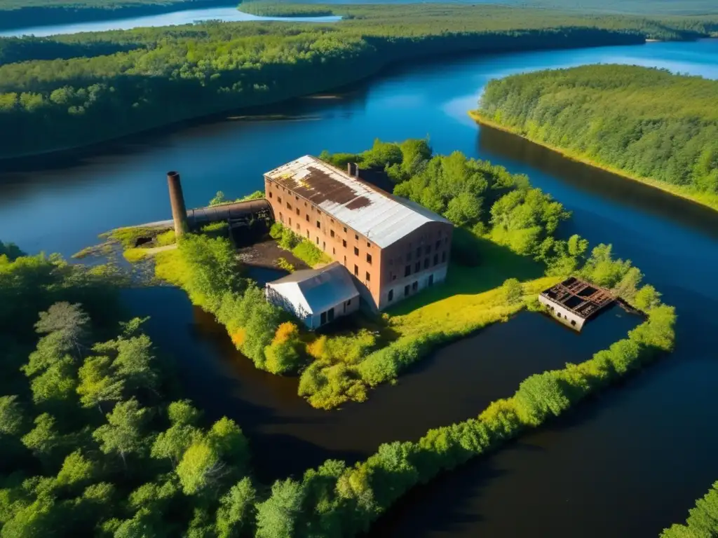 Vista aérea de los molinos de papel abandonados en Maine, rodeados de vegetación, reflejando la belleza y la historia industrial.