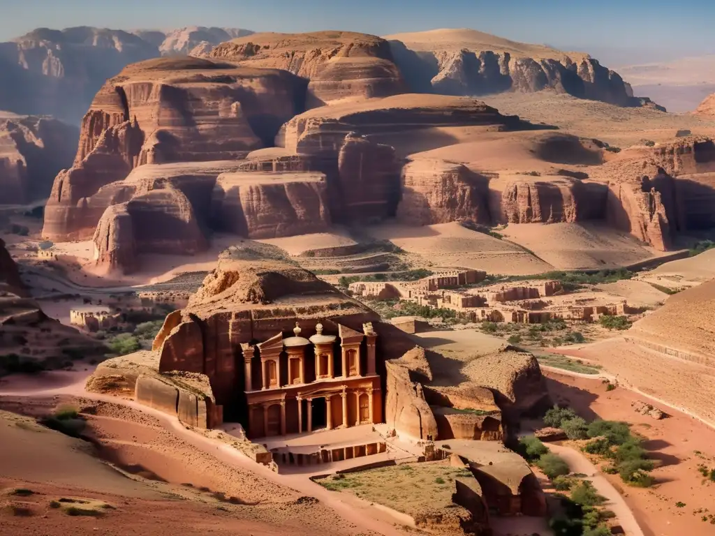 Una vista aérea de Petra, la antigua ciudad con el icónico Al-Khazneh en acantilados rojizos, revelando la historia oculta de Petra.