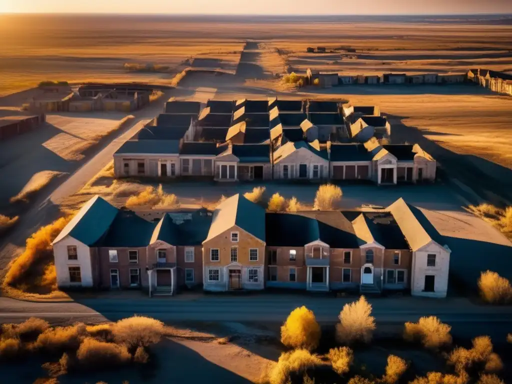 Vista aérea de un pueblo abandonado al atardecer, con sombras alargadas y una atmósfera desolada. <b>Avances en mapeo 3D lugares desolados.