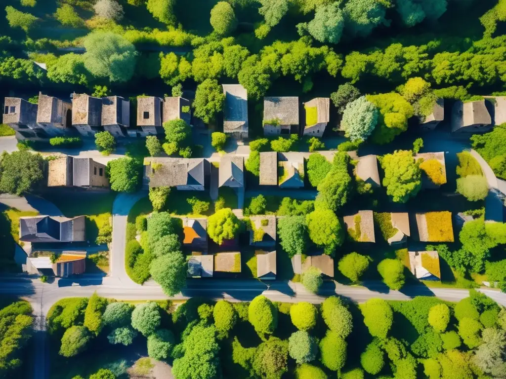 Una vista aérea de alta resolución de una ciudad abandonada, donde la naturaleza comienza a reclamar el paisaje urbano. La investigación ciudad abandonada antes visita revela la belleza inquietante de la fusión entre lo natural y lo construido.