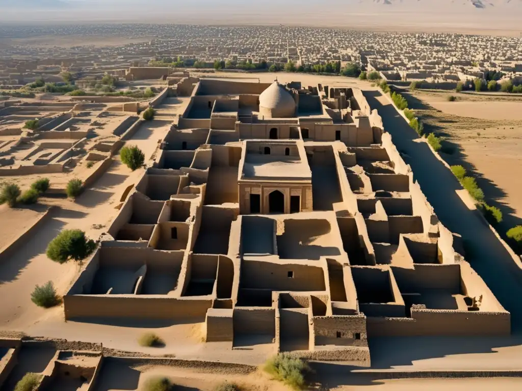 Vista aérea de las ruinas de Balkh, ciudad fantasma de Afganistán, revelando su intrincado diseño y su belleza misteriosa.