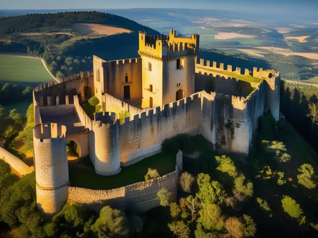 Vista aérea de las ruinas del Castillo de los Templarios en Tomar, Portugal. <b>Detalles arquitectónicos y paisaje.</b> <b>Ruinas de la orden templaria Tomar.