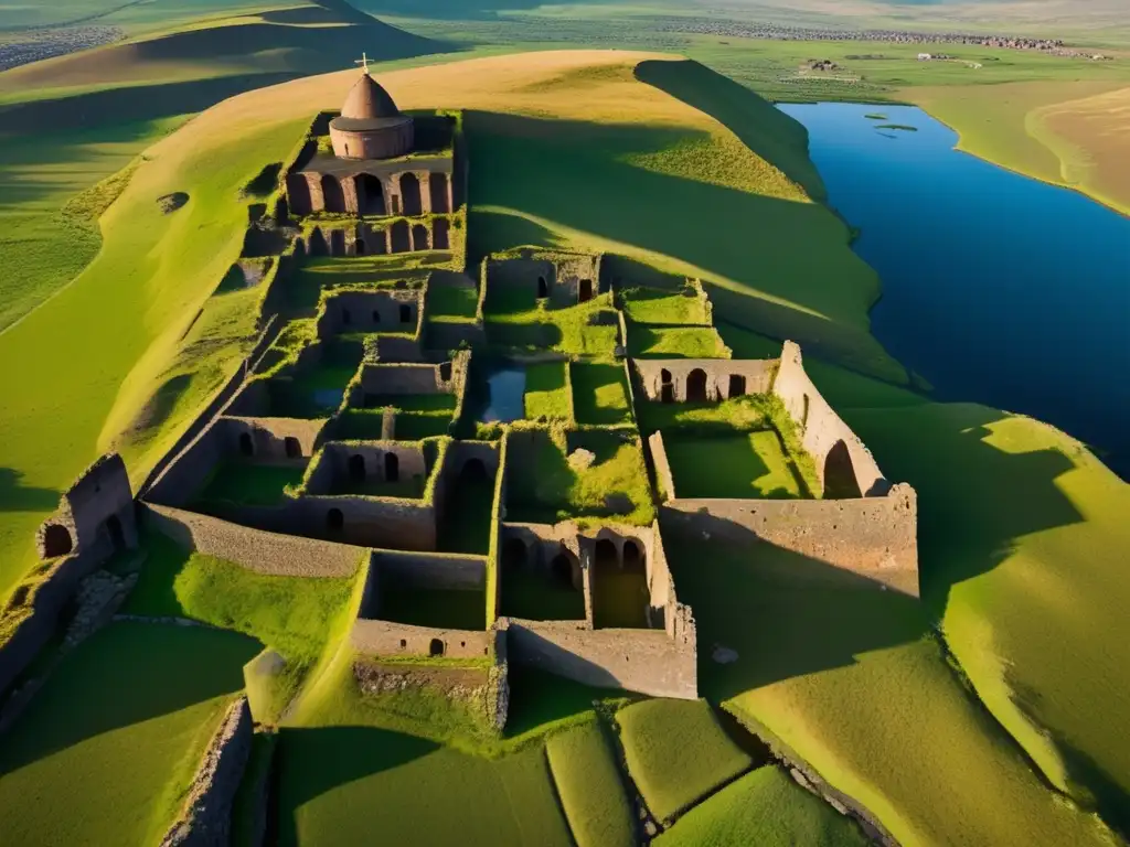 Vista aérea de Ani, ciudad fantasma en Armenia, con ruinas de edificios de piedra y paisaje desolado entre colinas y río.